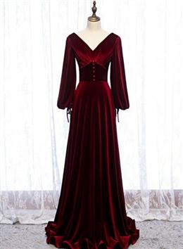 Picture of Burgundy Velvet Long Sleeves A-line Formal Dresses, Long Simple Bridesmaid Dress